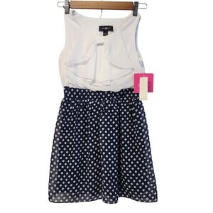 Amy Byer Girls Size 8 Navy Blue White Polka Dot Cold Shoulder Tiered Dress NWT